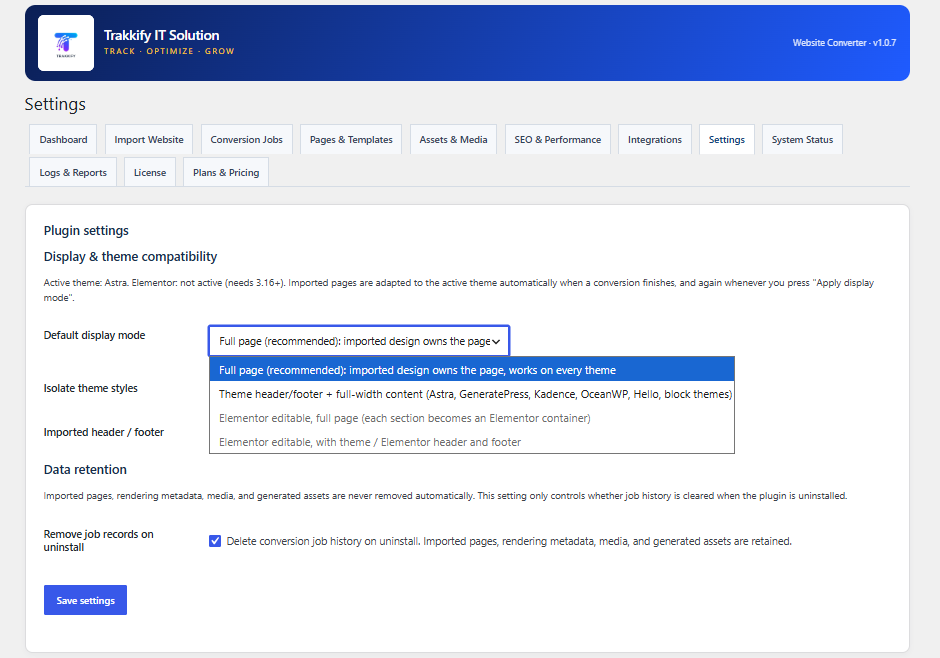 Display mode settings with Elementor editable options