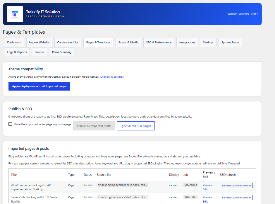 Pages & Templates screen with Publish & SEO sync