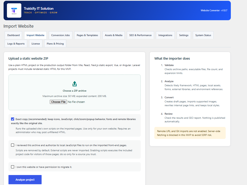 Import Website screen with ZIP upload
