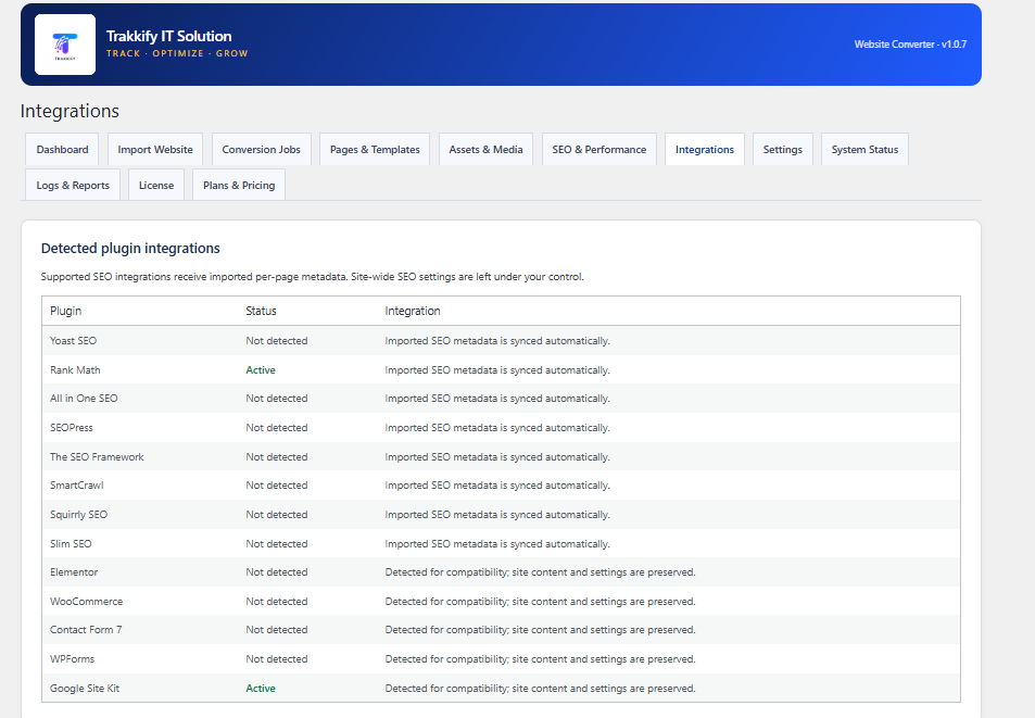 Detected plugin integrations list