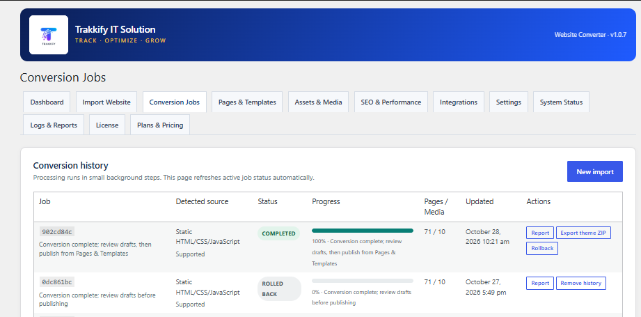 Conversion Jobs history with progress and rollback
