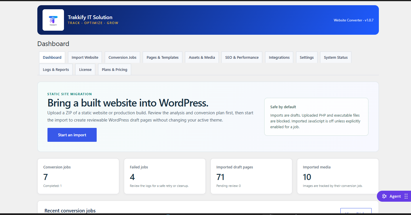 Trakkify Website Converter dashboard inside WordPress